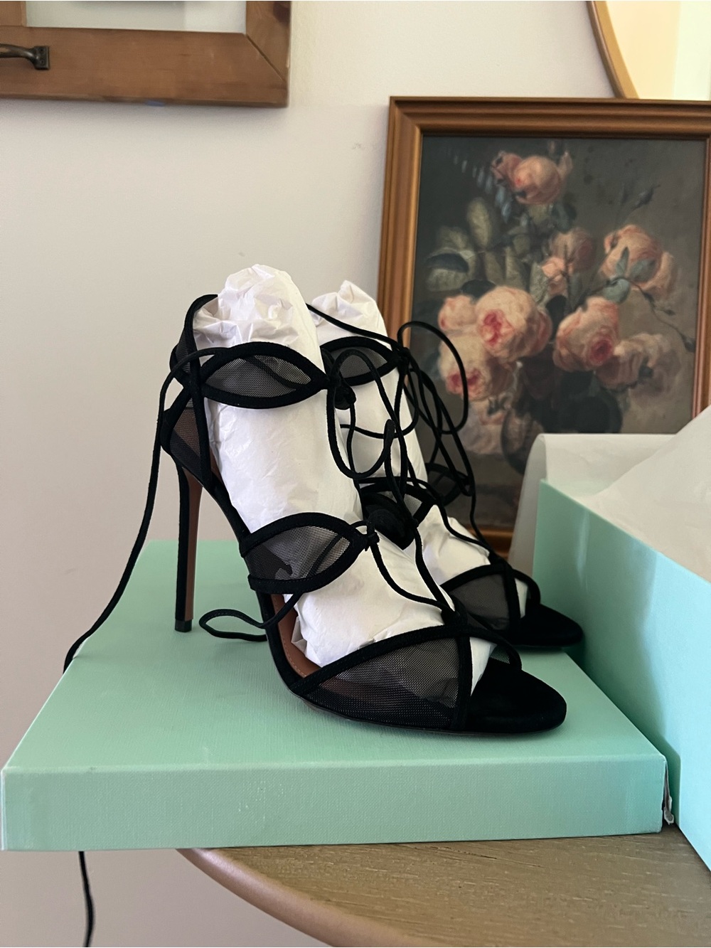 Aquazzura Fatal Attraction Sandals -Women's Black Lace-Up Mesh High Heel Sandals